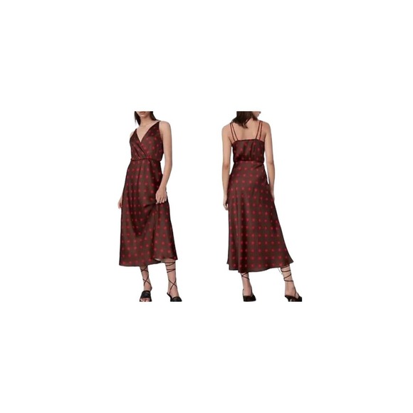 Zara Women’s Brown Red Polka Dot Satin Feel Spaghetti Strap MIDI Dress NWT M - Picture 3 of 16